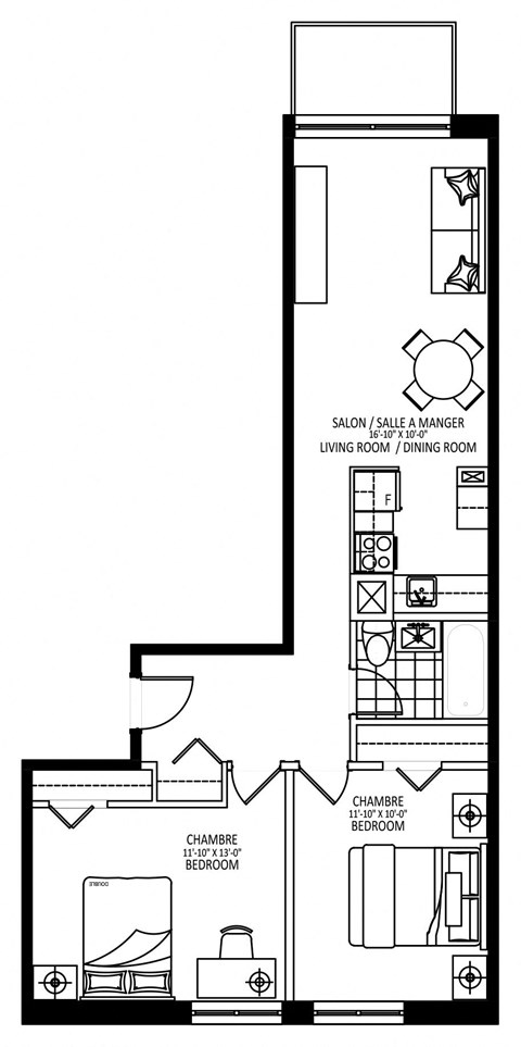 Floor plan for 2 beds, 1 bath, 713 sqft